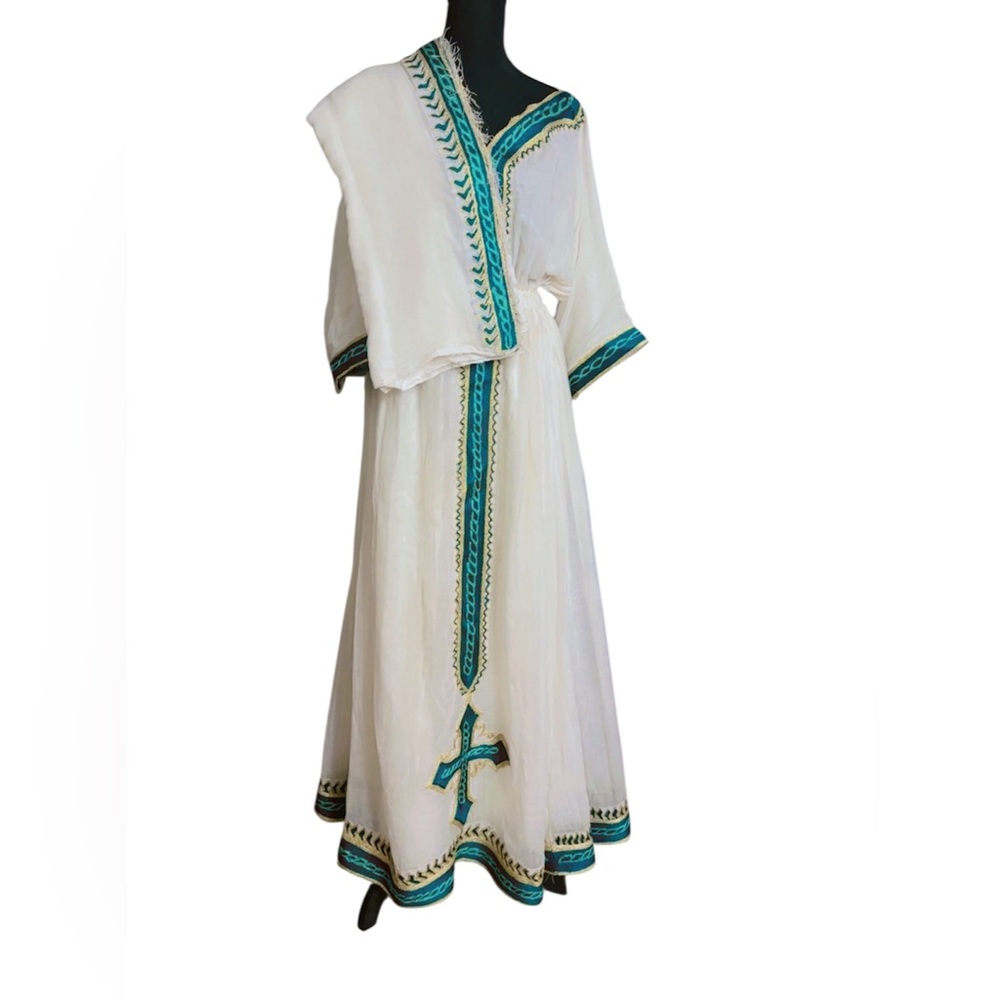 Ethiopian Eritrean Traditional Women's Dress Teal Trim handmade 100% Cotton